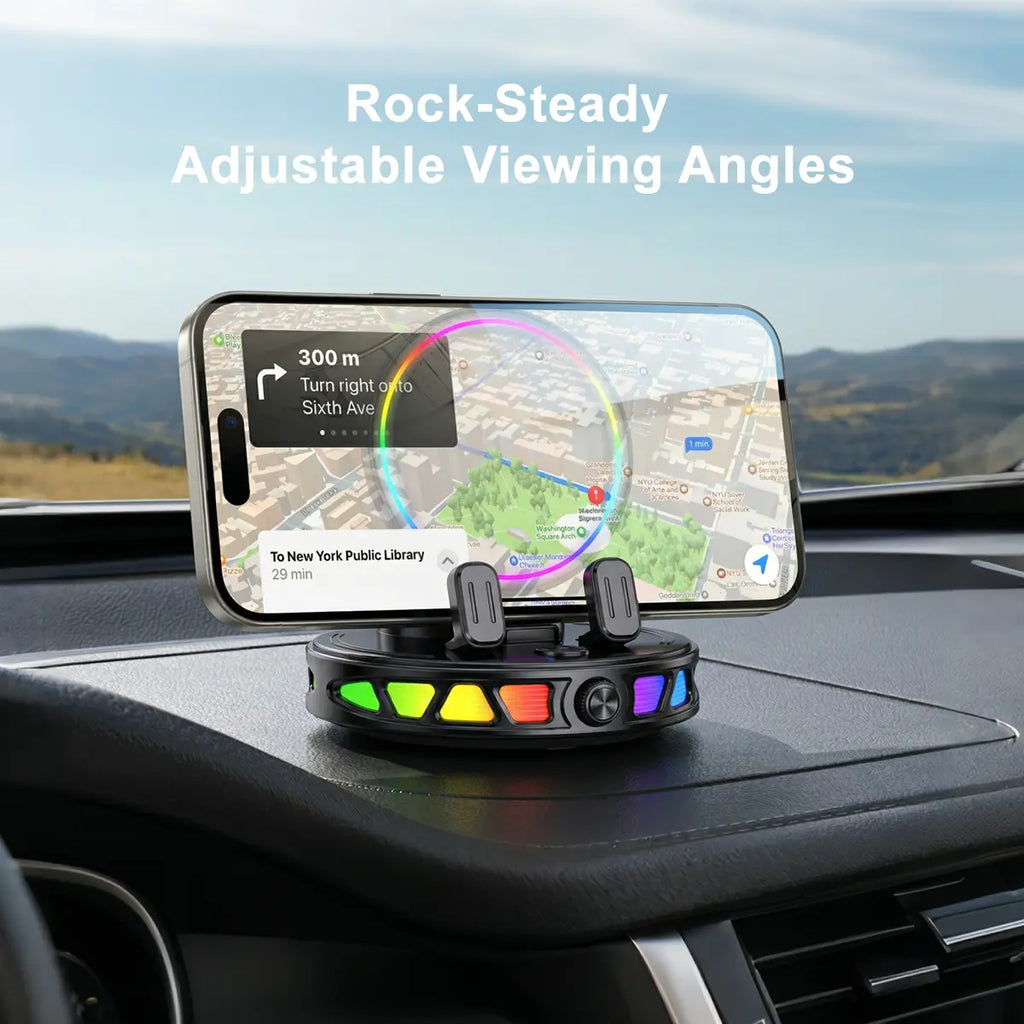 360° Rotating Wireless Charging Car Phone Mount with RGB Ambient Light – Ultra-Stable Vacuum Suction & Auto-Lock Holder for Dashboard & Windshield, Fits Iphone & Android