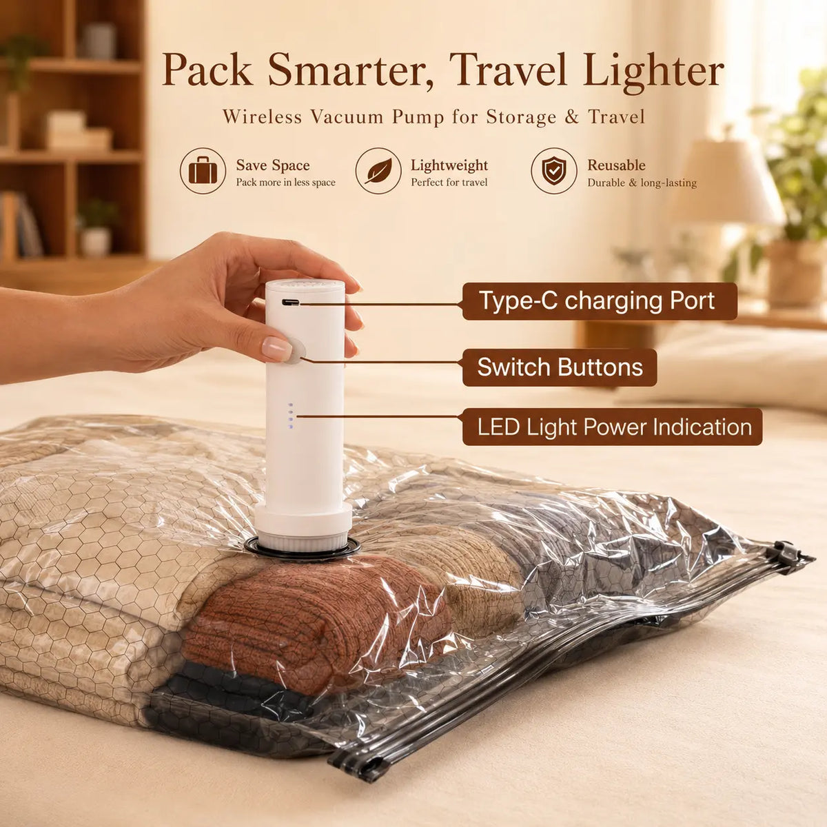 【Summer Vibes】X7 Cordless Travel Vacuum Storage Compression Bag Organiser Set with Rechargeable Air Pump (15-Pack), 3 Sizes, Powerful Air Removal, Waterproof Reusable Bags for Home Organization Travel, Carry-On Suitcases