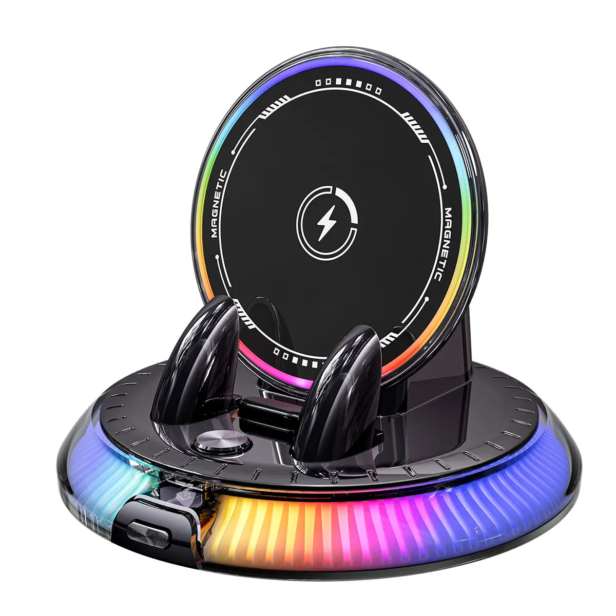 360° Rotating Wireless Charging Car Phone Mount with RGB Ambient Light – Ultra-Stable Vacuum Suction & Auto-Lock Holder for Dashboard & Windshield, Fits Iphone & Android