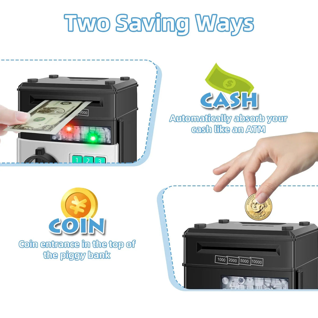 Piggy Bank for Boys Adults, Electronic ATM Coin Cash Bank with Password Code Lock and Auto Grab Bill Slot, Large Capacity Coin Bank Money Jar for Adults, Designed for All US Coins, Capacity 10000+