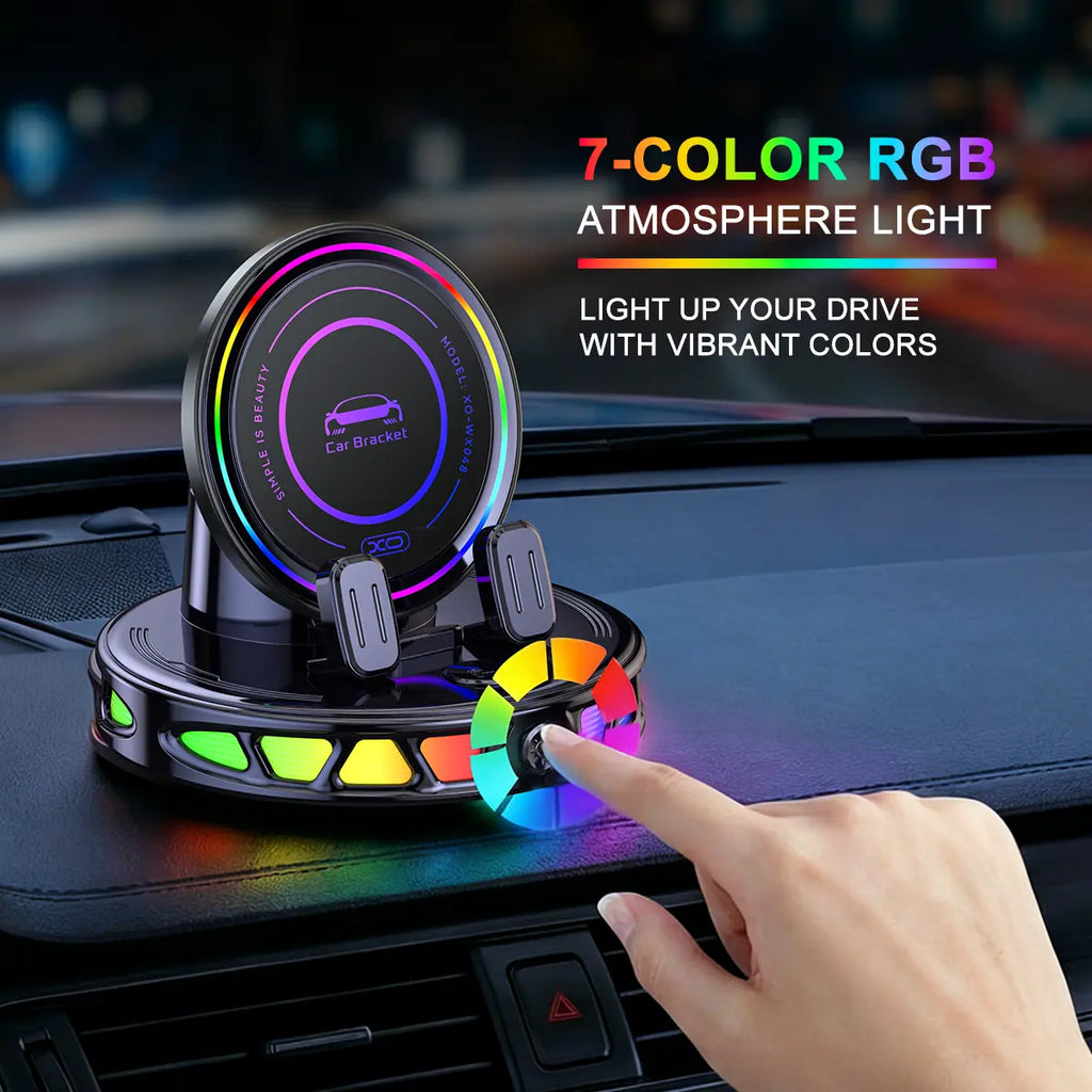 360° Rotating Wireless Charging Car Phone Mount with RGB Ambient Light – Ultra-Stable Vacuum Suction & Auto-Lock Holder for Dashboard & Windshield, Fits Iphone & Android