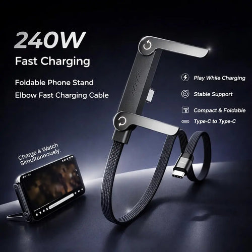 Invisible Stand Type-C Charger Cable, 240W Super Fast Charging 2-In-1 Charging Cord & Phone Holder for Gaming, Office, Car Travel – Black