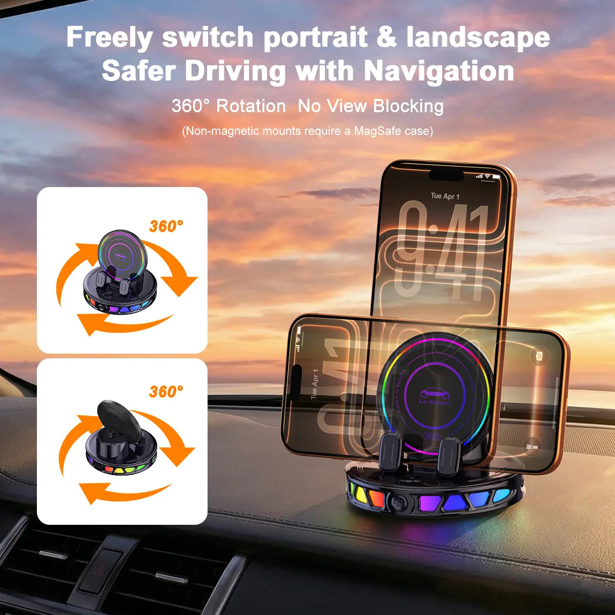 360° Rotating Wireless Charging Car Phone Mount with RGB Ambient Light – Ultra-Stable Vacuum Suction & Auto-Lock Holder for Dashboard & Windshield, Fits Iphone & Android
