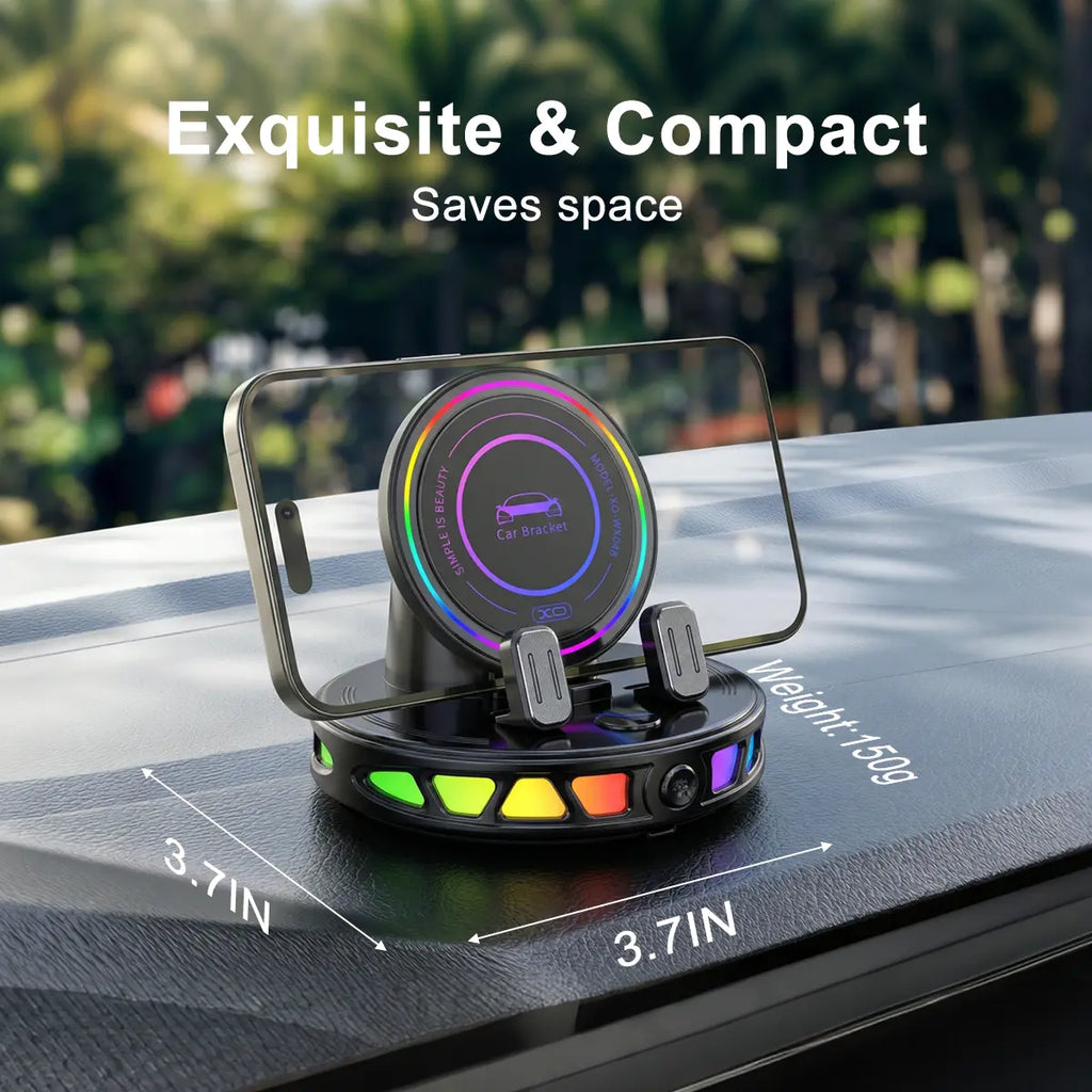 360° Rotating Wireless Charging Car Phone Mount with RGB Ambient Light – Ultra-Stable Vacuum Suction & Auto-Lock Holder for Dashboard & Windshield, Fits Iphone & Android