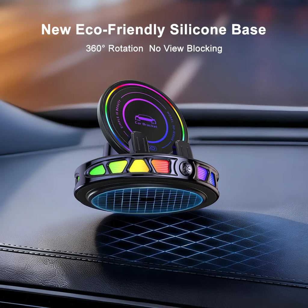 360° Rotating Wireless Charging Car Phone Mount with RGB Ambient Light – Ultra-Stable Vacuum Suction & Auto-Lock Holder for Dashboard & Windshield, Fits Iphone & Android