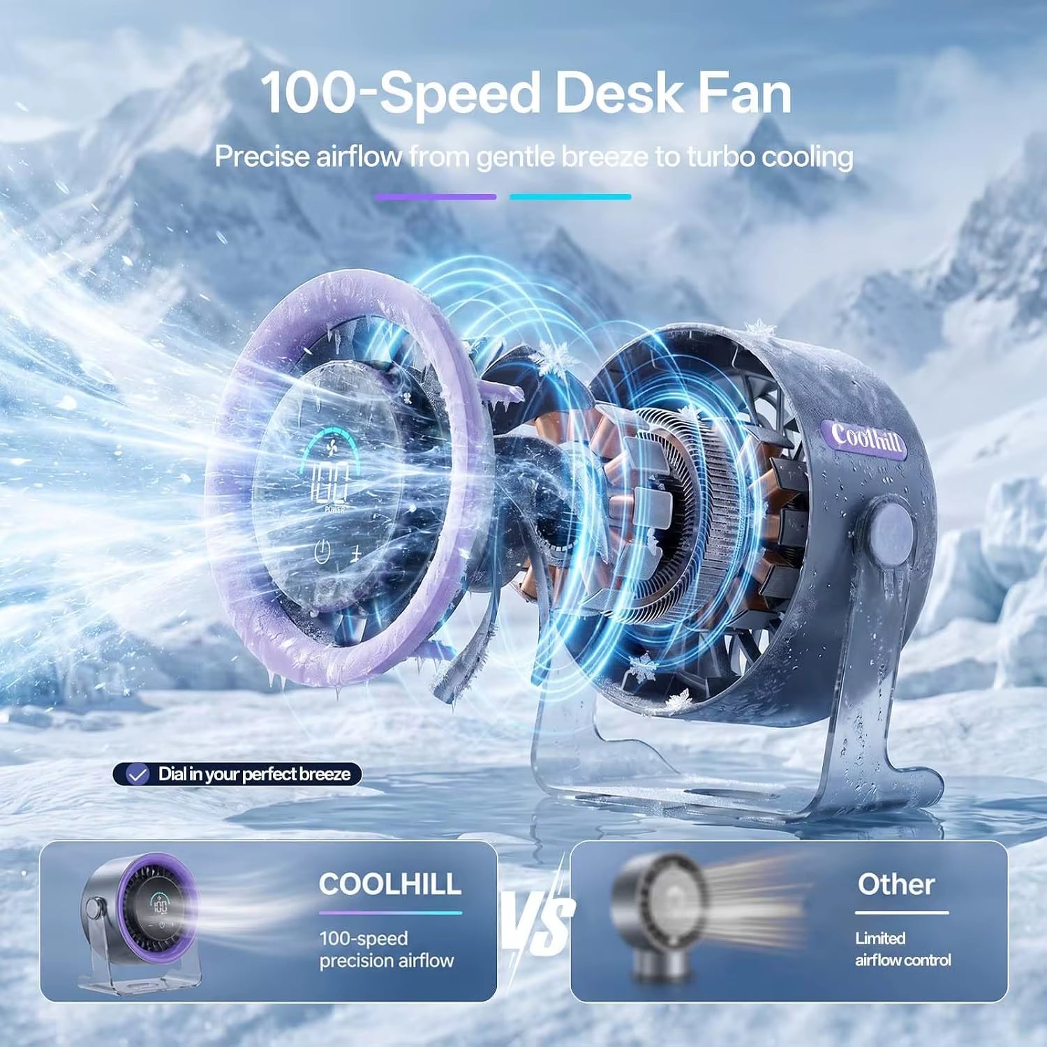 USB Desk Fan Quiet Digital Display Turbo Airflow 120 Rotating 100 Speeds Portable Desktop Wall-Mounted Fan For