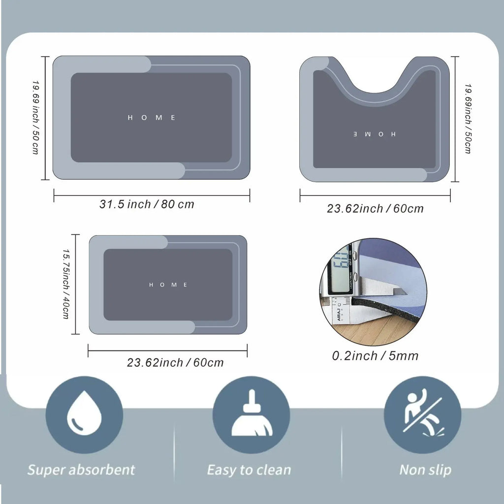 Bathroom Toilet Mat, 3-Piece Set, Quick-Drying Water-Absorbing Floor Mat, Rubber Anti-Slip Bottom Design, Suitable for Bathroom, Washbasin, Toilet, Kitchen, Living Room, beside the Bathtub, Laundry Room, Bathroom Decoration. Bathmat