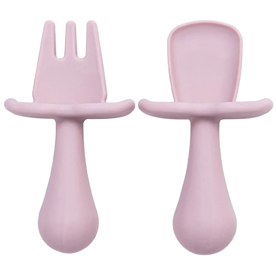 Silicone Baby Spoon & Fork Self-Feeding Set - Soft Easy-Grip Toddler Training Utensils in 10 Modern Muted Colors