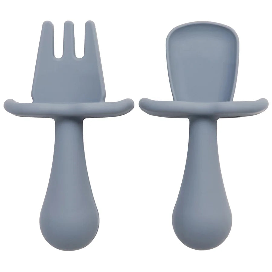 Silicone Baby Spoon & Fork Self-Feeding Set - Soft Easy-Grip Toddler Training Utensils in 10 Modern Muted Colors
