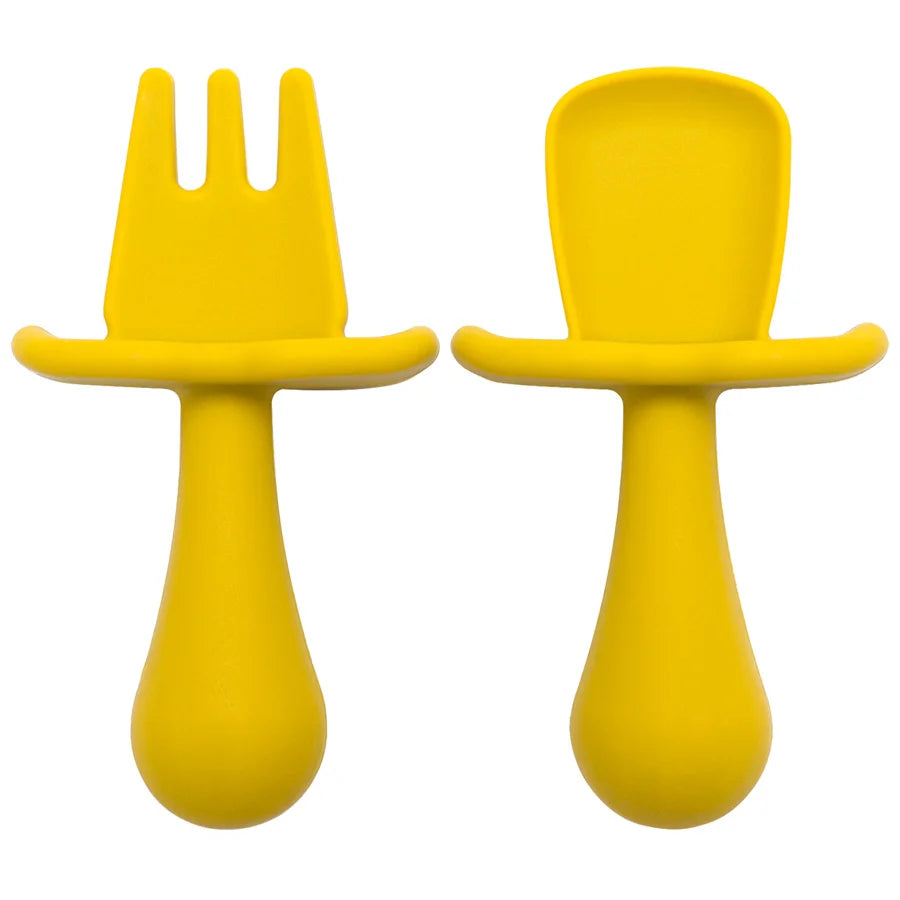 Silicone Baby Spoon & Fork Self-Feeding Set - Soft Easy-Grip Toddler Training Utensils in 10 Modern Muted Colors
