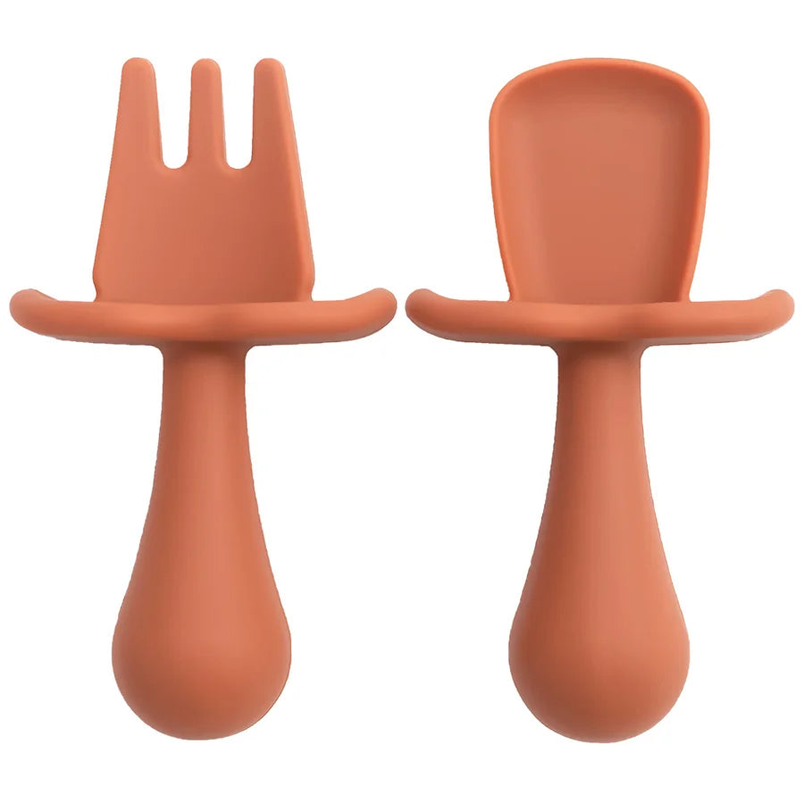 Silicone Baby Spoon & Fork Self-Feeding Set - Soft Easy-Grip Toddler Training Utensils in 10 Modern Muted Colors