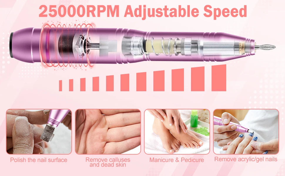 Electric Nail Drill — Cordless, Rechargeable, Portable, Professional, Quiet, Low Vibration