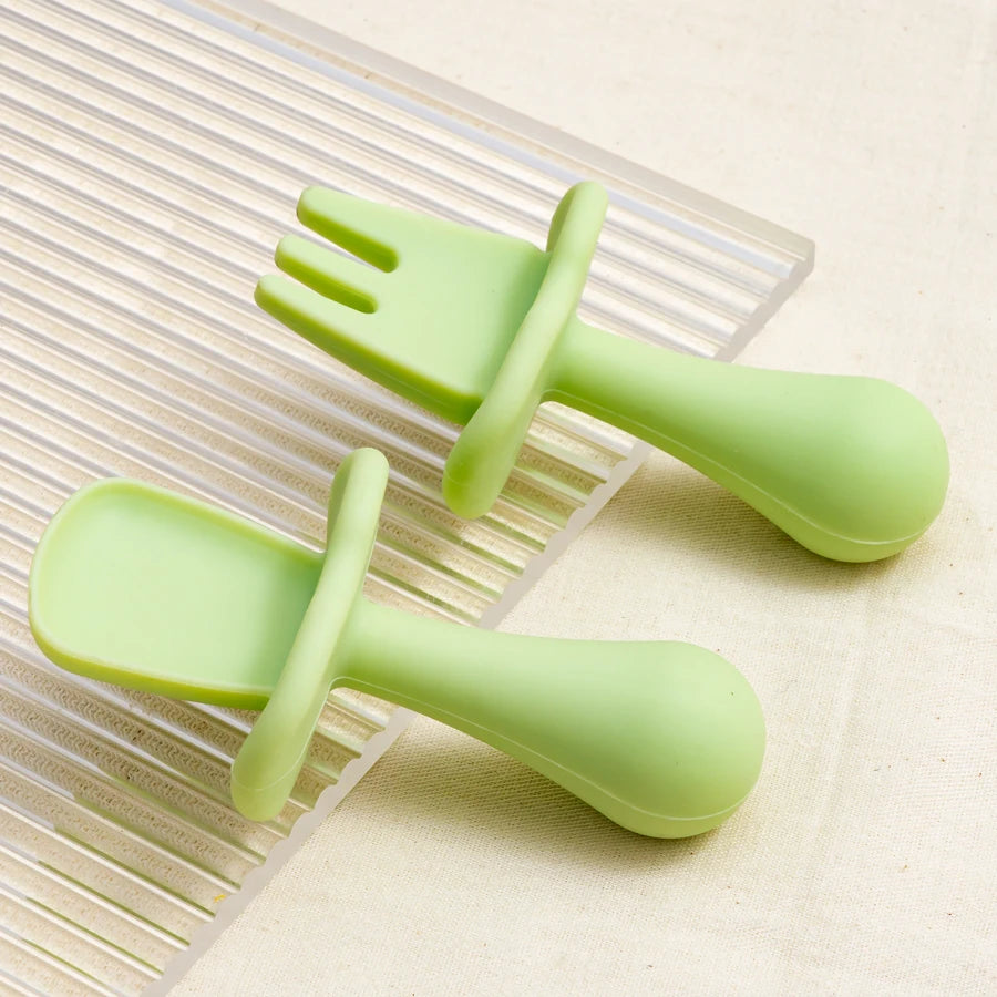 Silicone Baby Spoon & Fork Self-Feeding Set - Soft Easy-Grip Toddler Training Utensils in 10 Modern Muted Colors