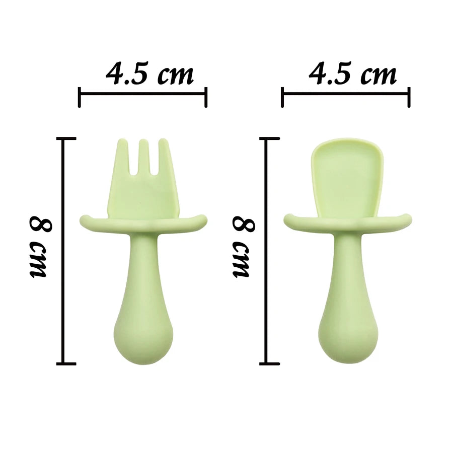 Silicone Baby Spoon & Fork Self-Feeding Set - Soft Easy-Grip Toddler Training Utensils in 10 Modern Muted Colors