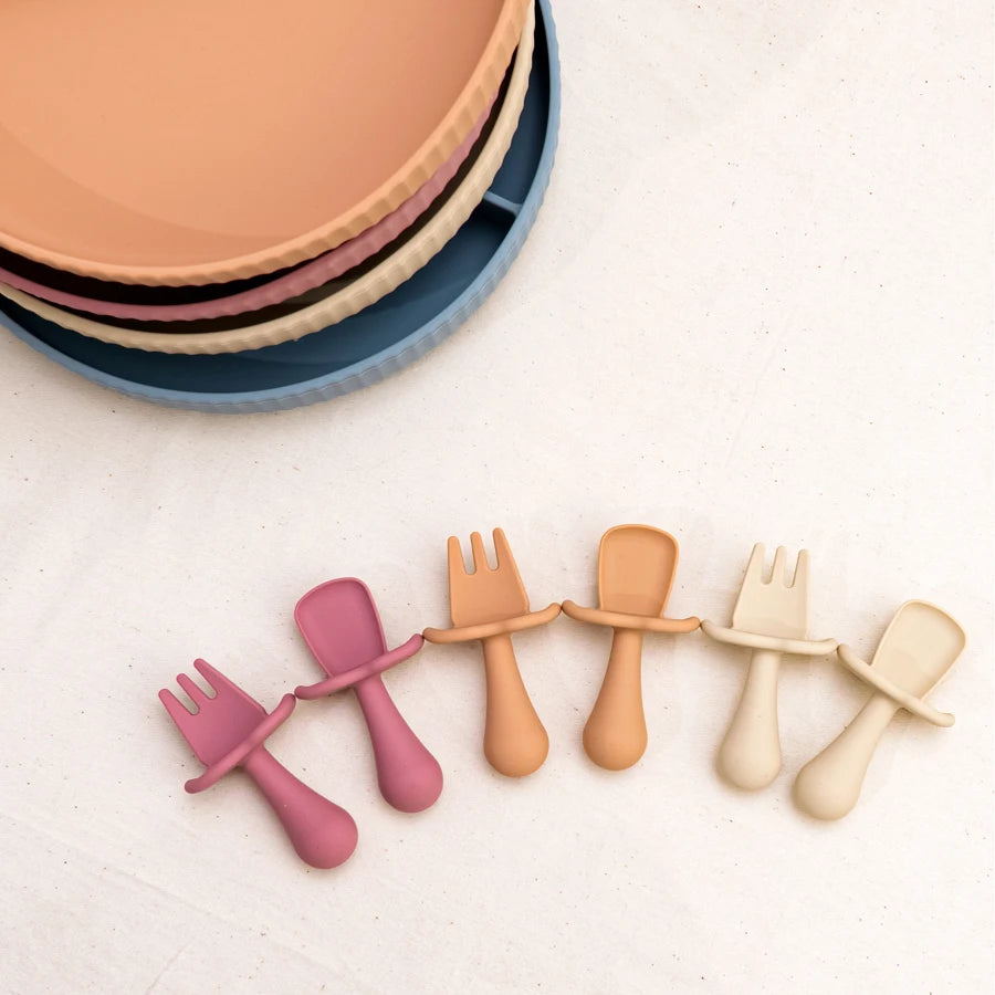 Silicone Baby Spoon & Fork Self-Feeding Set - Soft Easy-Grip Toddler Training Utensils in 10 Modern Muted Colors