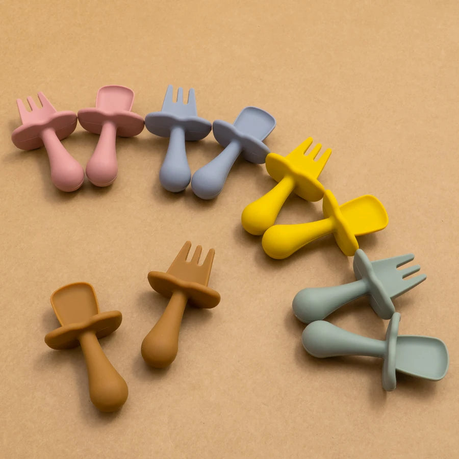 Silicone Baby Spoon & Fork Self-Feeding Set - Soft Easy-Grip Toddler Training Utensils in 10 Modern Muted Colors