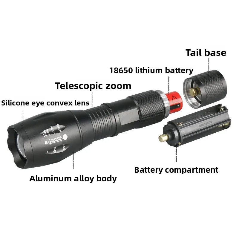 Adjustable Zoom Tactical Flashlight — Rechargeable, Waterproof, Durable, Portable, Bright, Compact