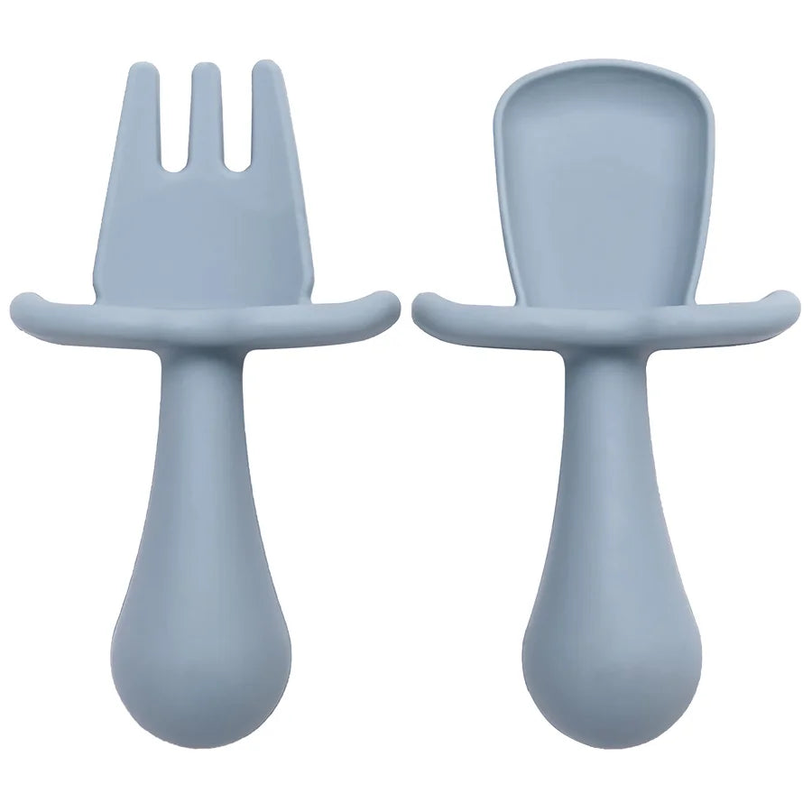 Silicone Baby Spoon & Fork Self-Feeding Set - Soft Easy-Grip Toddler Training Utensils in 10 Modern Muted Colors