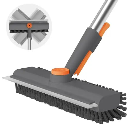 Floor Scrub Brush — 3-in-1, Long Handle, Stiff Bristle, Squeegee, Bathtub Cleaning