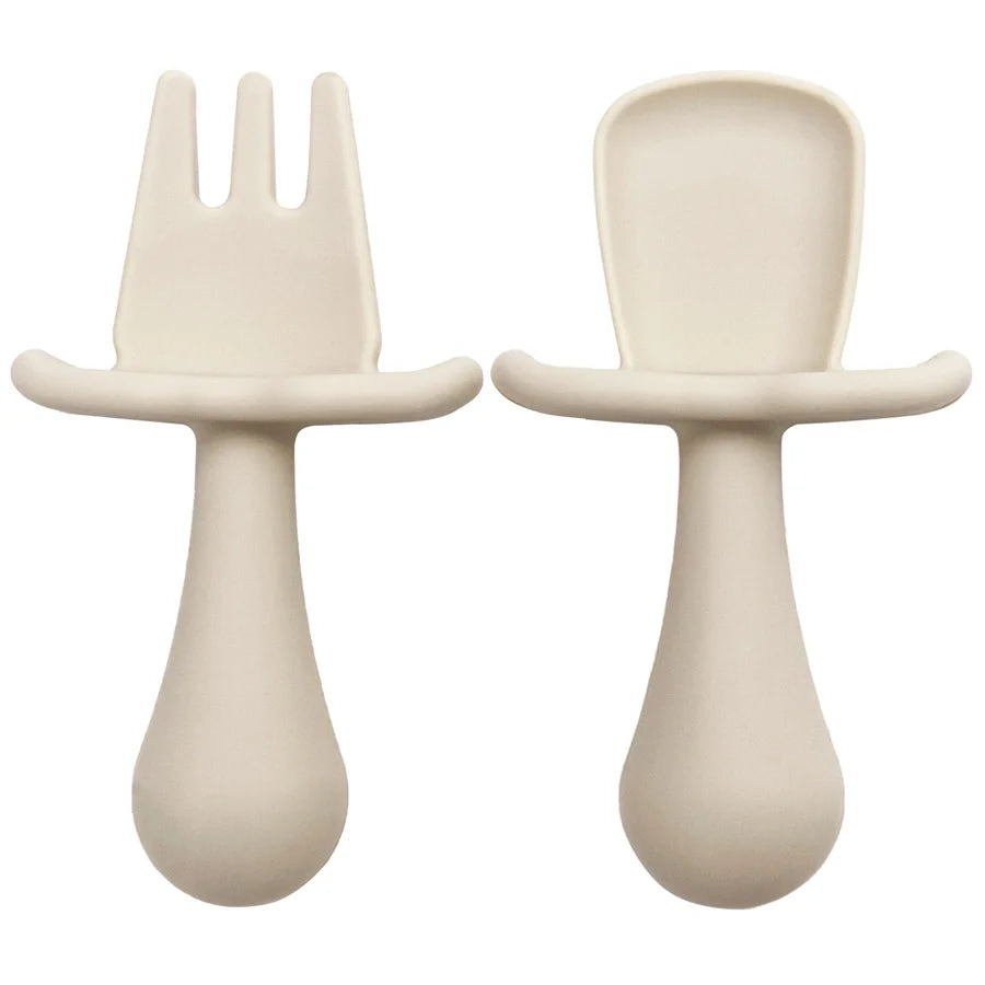 Silicone Baby Spoon & Fork Self-Feeding Set - Soft Easy-Grip Toddler Training Utensils in 10 Modern Muted Colors