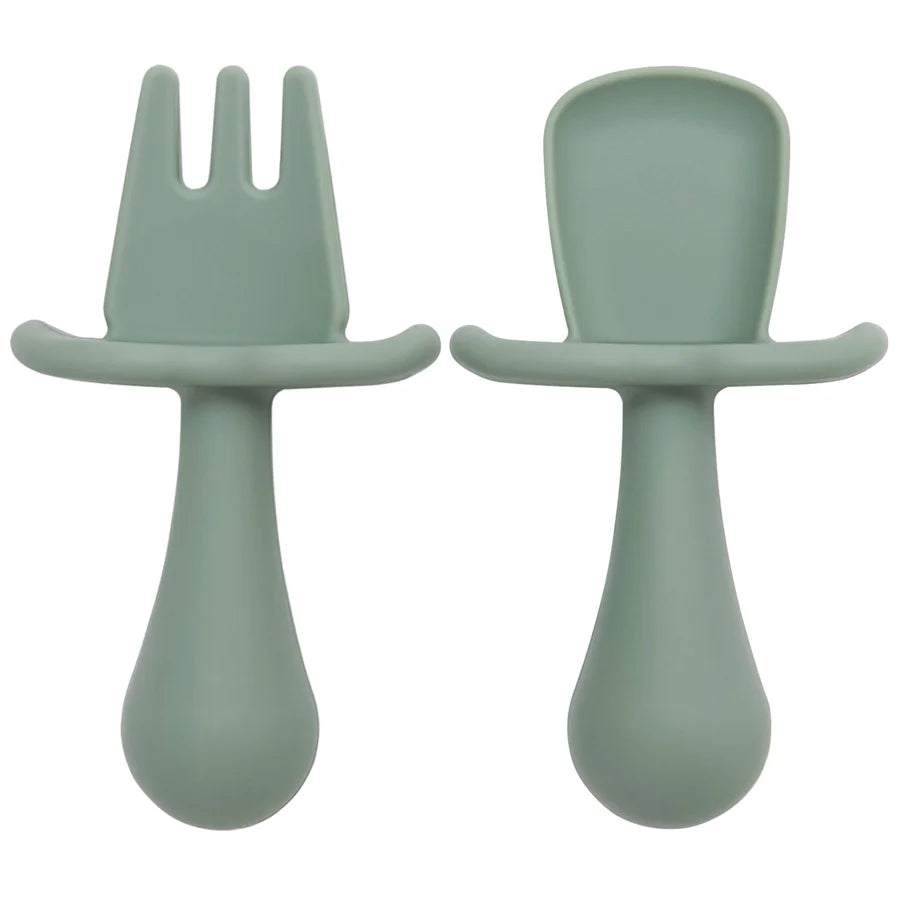 Silicone Baby Spoon & Fork Self-Feeding Set - Soft Easy-Grip Toddler Training Utensils in 10 Modern Muted Colors