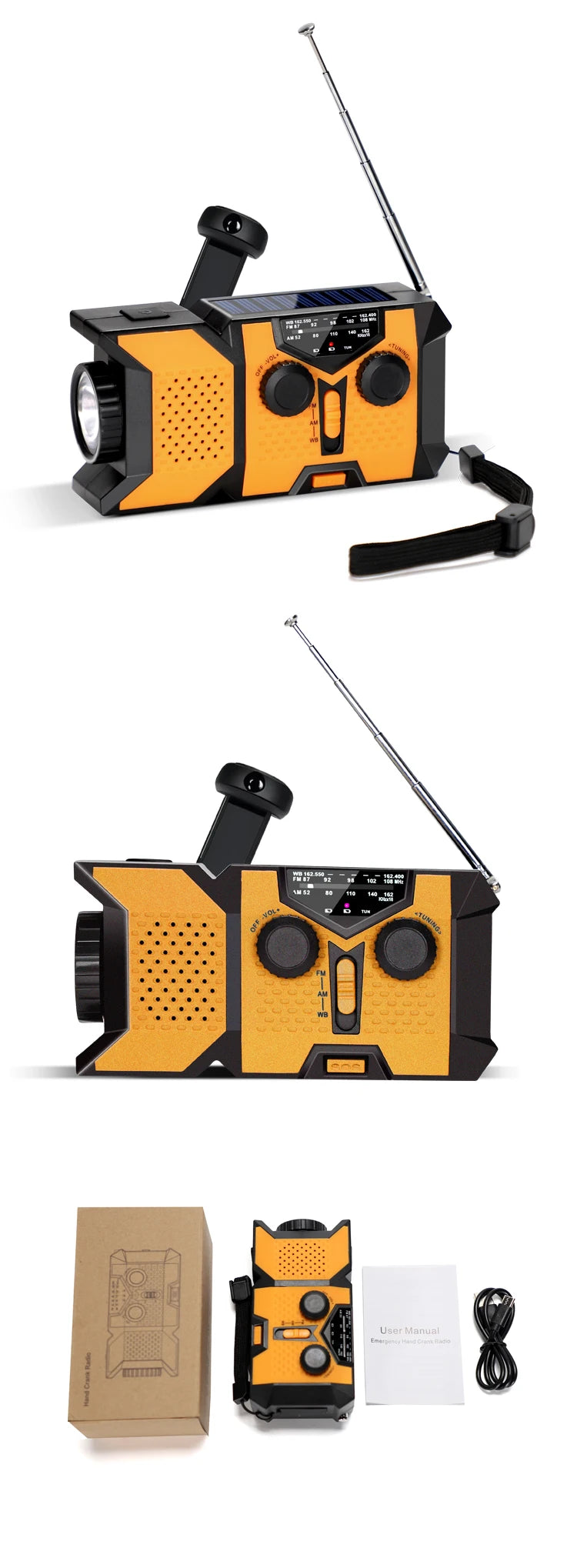 Emergency Radio — Solar Powered, Hand Crank, AM/FM, NOAA Weather, LED Flashlight, USB Charger