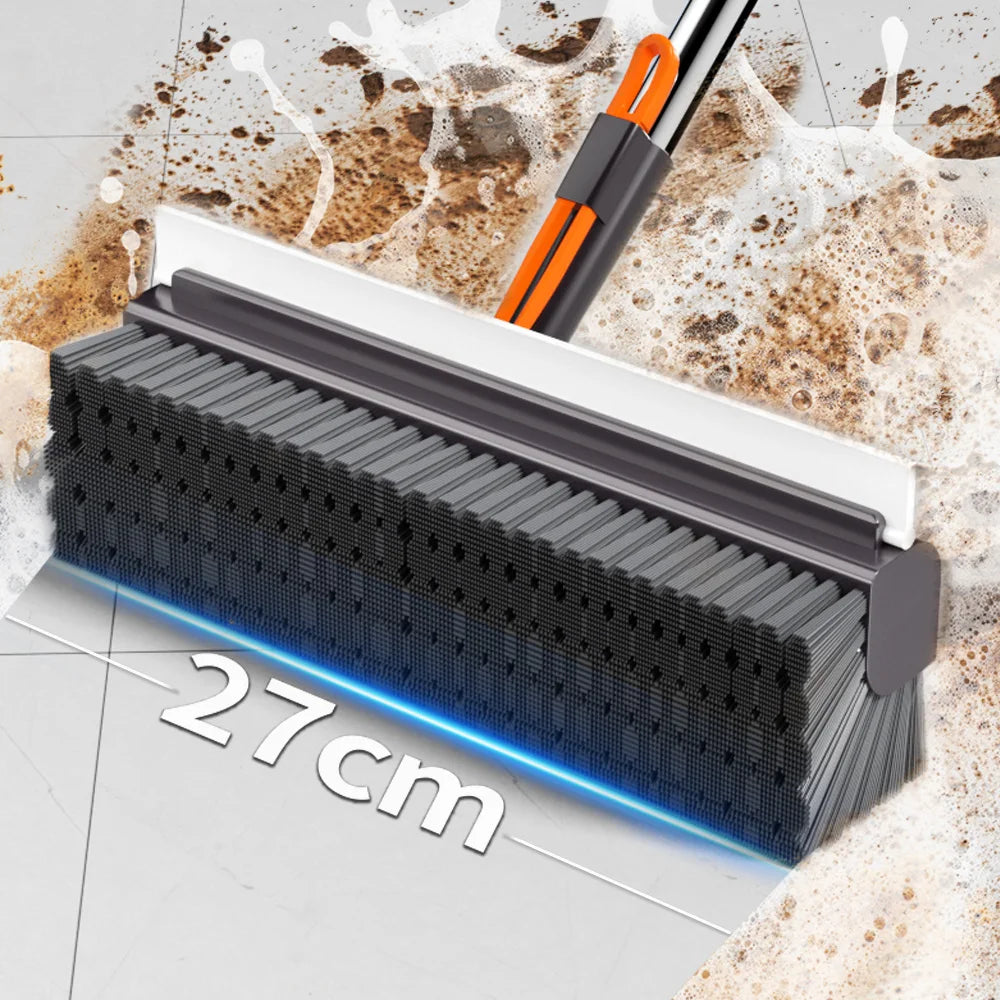 Floor Scrub Brush — 3-in-1, Long Handle, Stiff Bristle, Squeegee, Bathtub Cleaning
