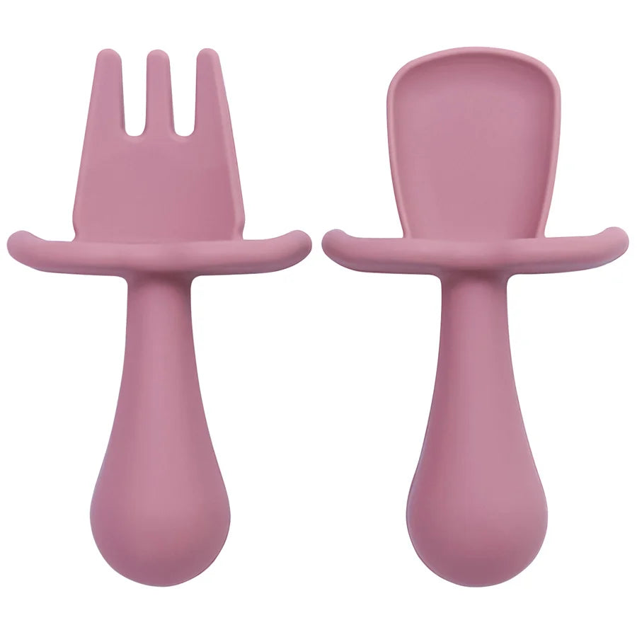 Silicone Baby Spoon & Fork Self-Feeding Set - Soft Easy-Grip Toddler Training Utensils in 10 Modern Muted Colors