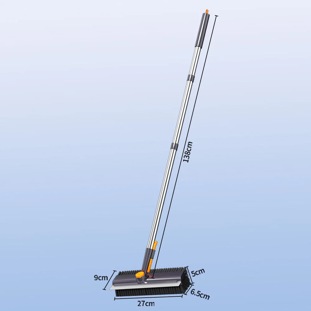 Floor Scrub Brush — 3-in-1, Long Handle, Stiff Bristle, Squeegee, Bathtub Cleaning