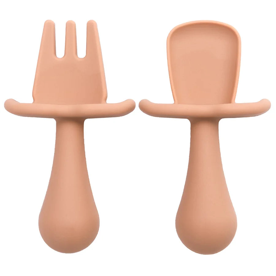 Silicone Baby Spoon & Fork Self-Feeding Set - Soft Easy-Grip Toddler Training Utensils in 10 Modern Muted Colors