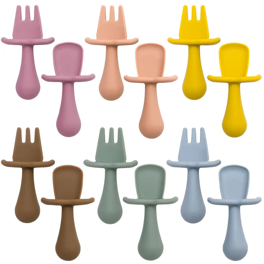 Silicone Baby Spoon & Fork Self-Feeding Set - Soft Easy-Grip Toddler Training Utensils in 10 Modern Muted Colors