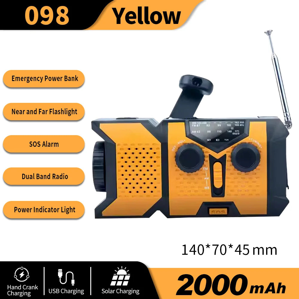 Emergency Radio — Solar Powered, Hand Crank, AM/FM, NOAA Weather, LED Flashlight, USB Charger