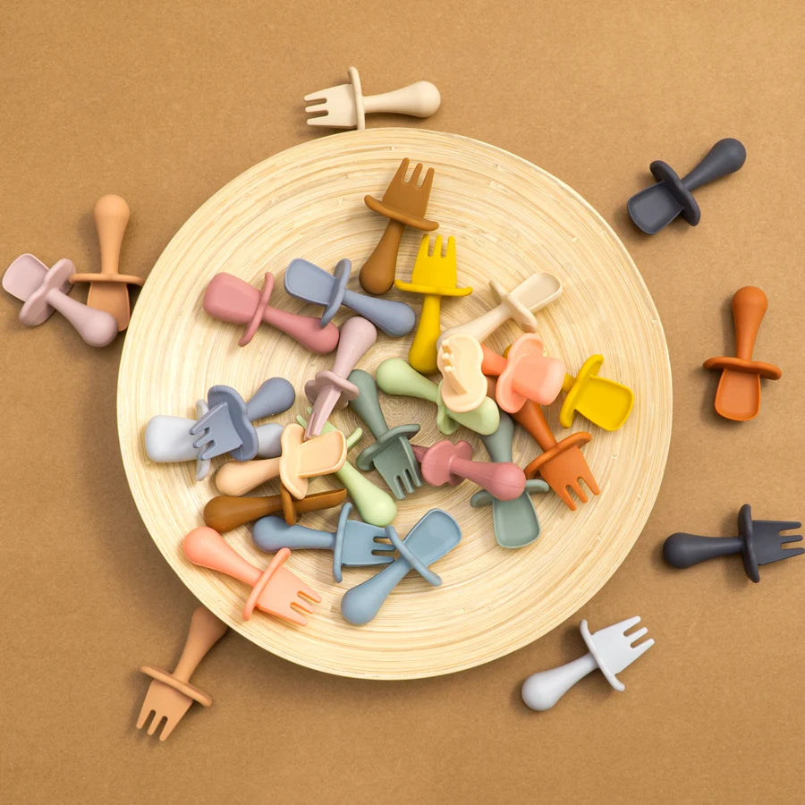 Silicone Baby Spoon & Fork Self-Feeding Set - Soft Easy-Grip Toddler Training Utensils in 10 Modern Muted Colors