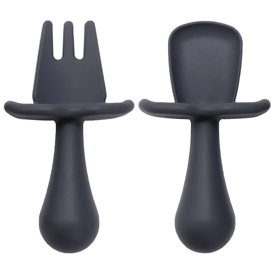 Silicone Baby Spoon & Fork Self-Feeding Set - Soft Easy-Grip Toddler Training Utensils in 10 Modern Muted Colors
