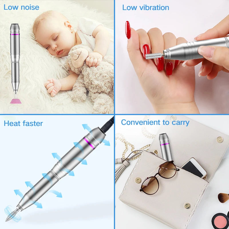 Electric Nail Drill — Cordless, Rechargeable, Portable, Professional, Quiet, Low Vibration