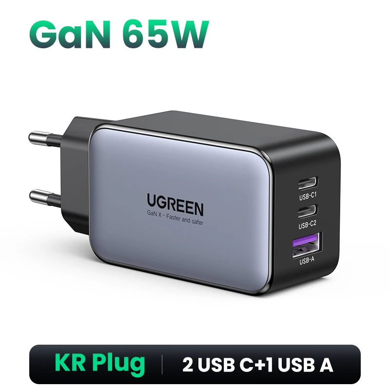 65W GaN 3-Port USB-C/A Fast Charger - Compact Power Adapter with PD & QC for Laptops, Phones, Tablets