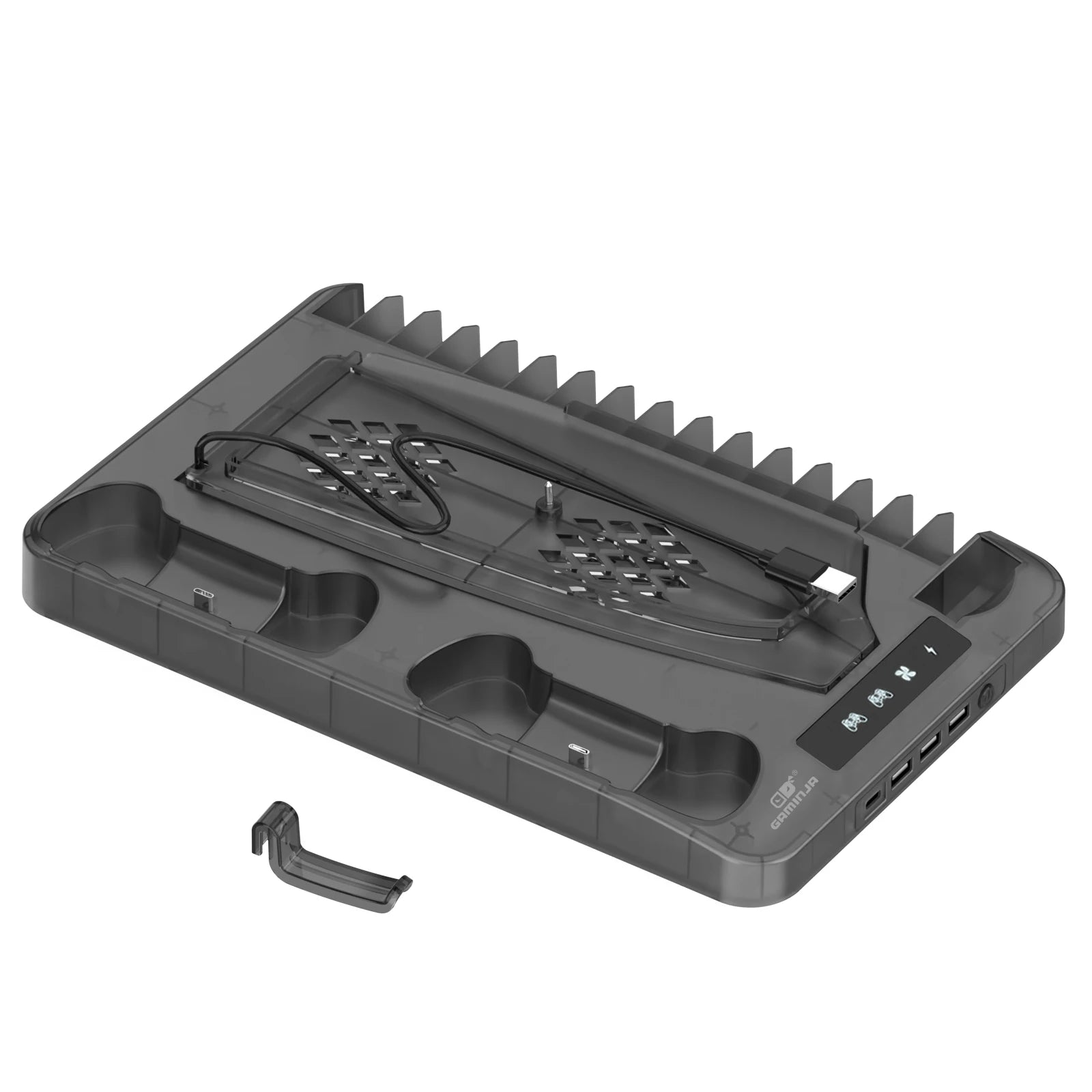 PS5 Cooling Stand — Fast Charging, Dual Controller, Quiet Fan, LED Indicators, Game Storage, Headset Holder