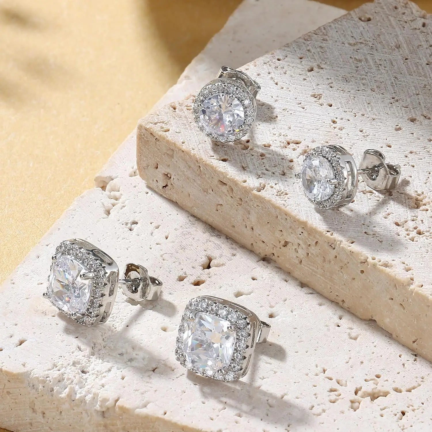 Zircon Stud Earrings — 4-Piece Set, Halo, Dainty, Hypoallergenic, Giftable