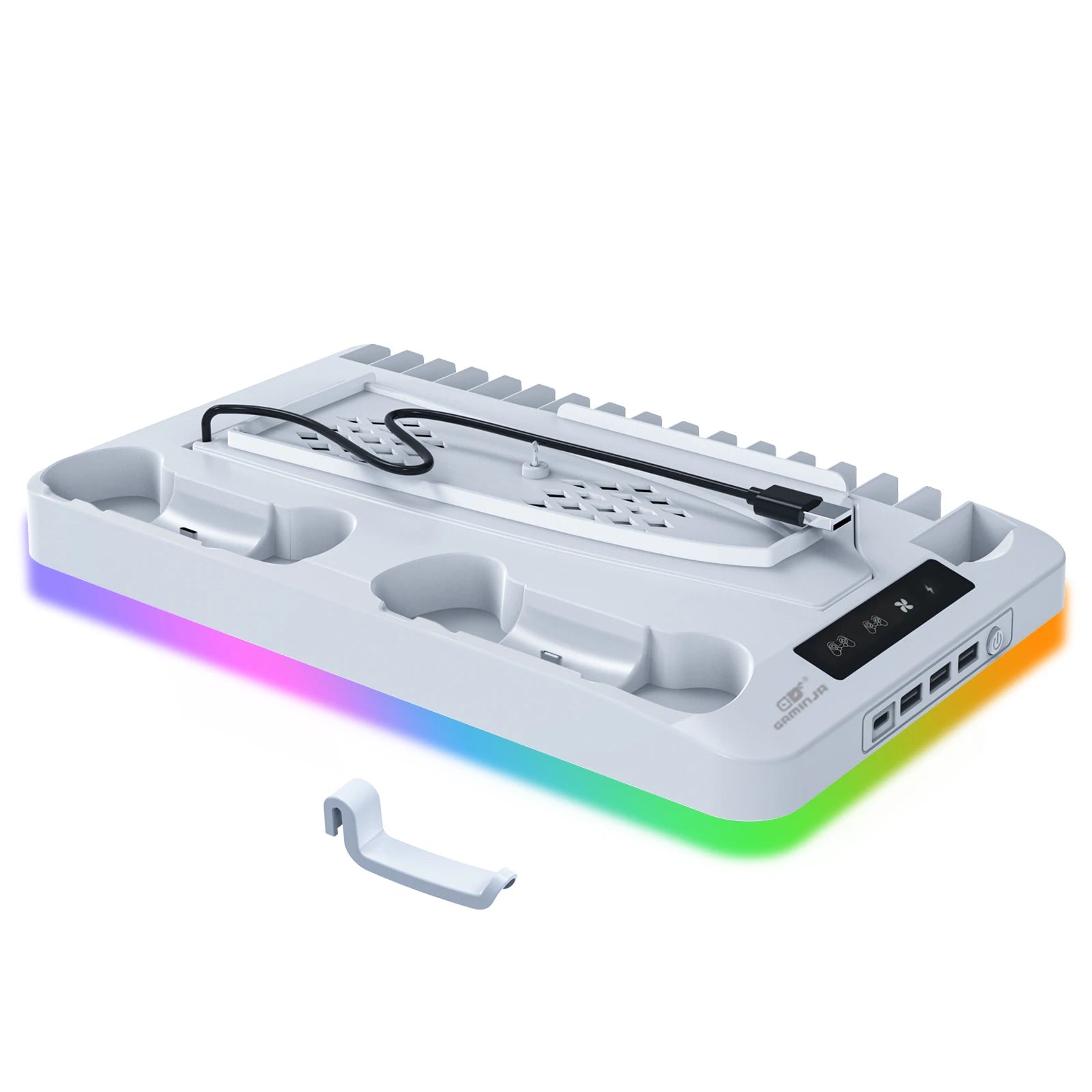 PS5 Cooling Stand — Fast Charging, Dual Controller, Quiet Fan, LED Indicators, Game Storage, Headset Holder