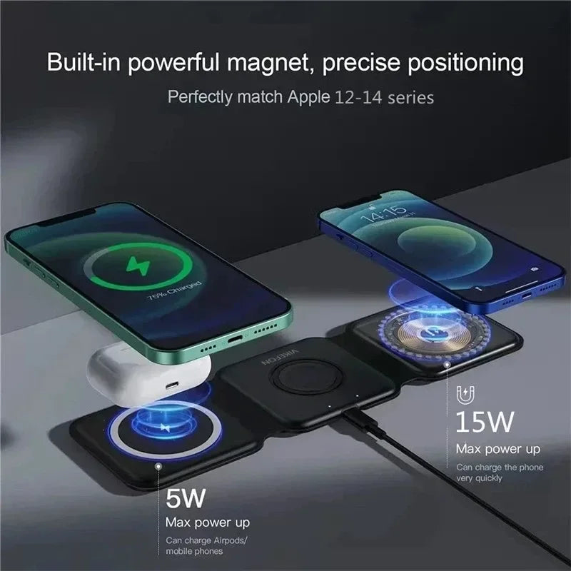 3-in-1 Wireless Charger Stand — Fast Charging, Universal Compatibility, Space Saving, iPhone, Apple Watch, AirPods