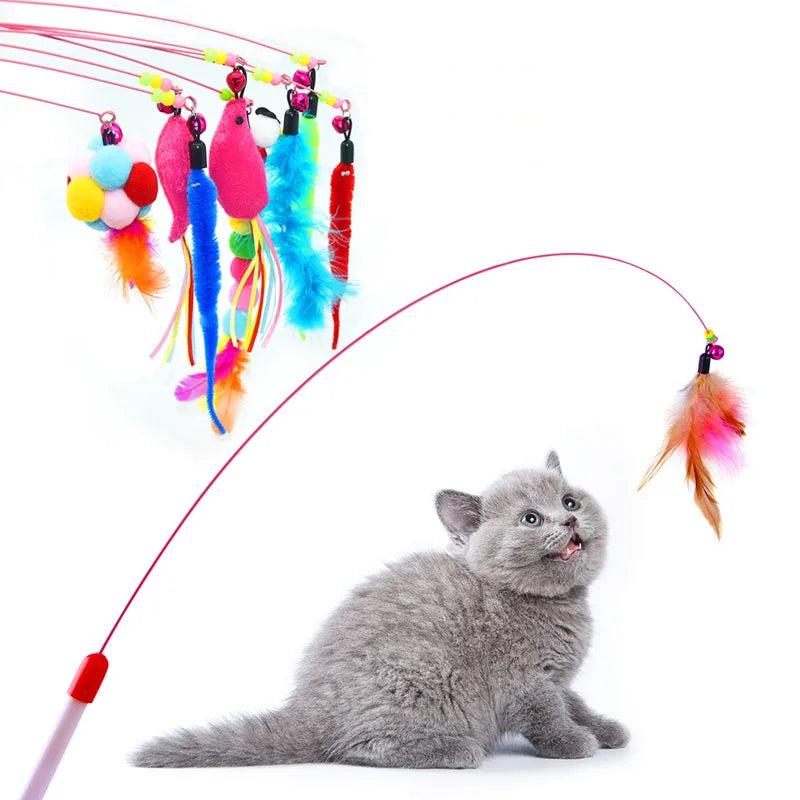 Interactive Cat Teasing Wand - Feather + Bell + Plush Mouse Wire Toy, 14 Color Variants for Indoor Play & Exercise
