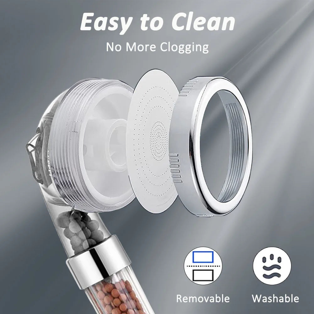 High-Pressure 3-Mode Filter Shower Head - Anion Mineral Bead Filtration, Water-Saving, Spa-Style Nozzle (Universal Fit)