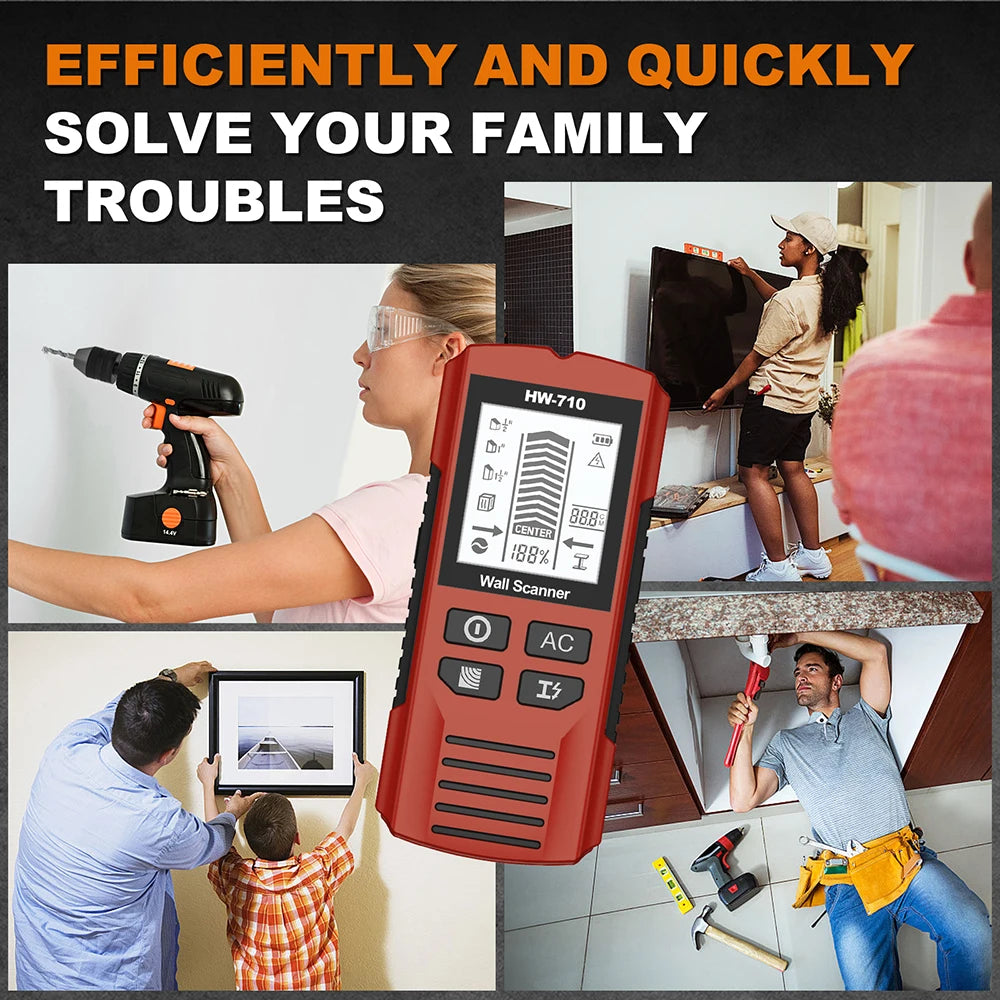 6-in-1 Electronic Stud Finder & Wall Scanner - Detects Wood Studs, Metal, Live AC Wires, Pipes - LCD Display, No Guessing