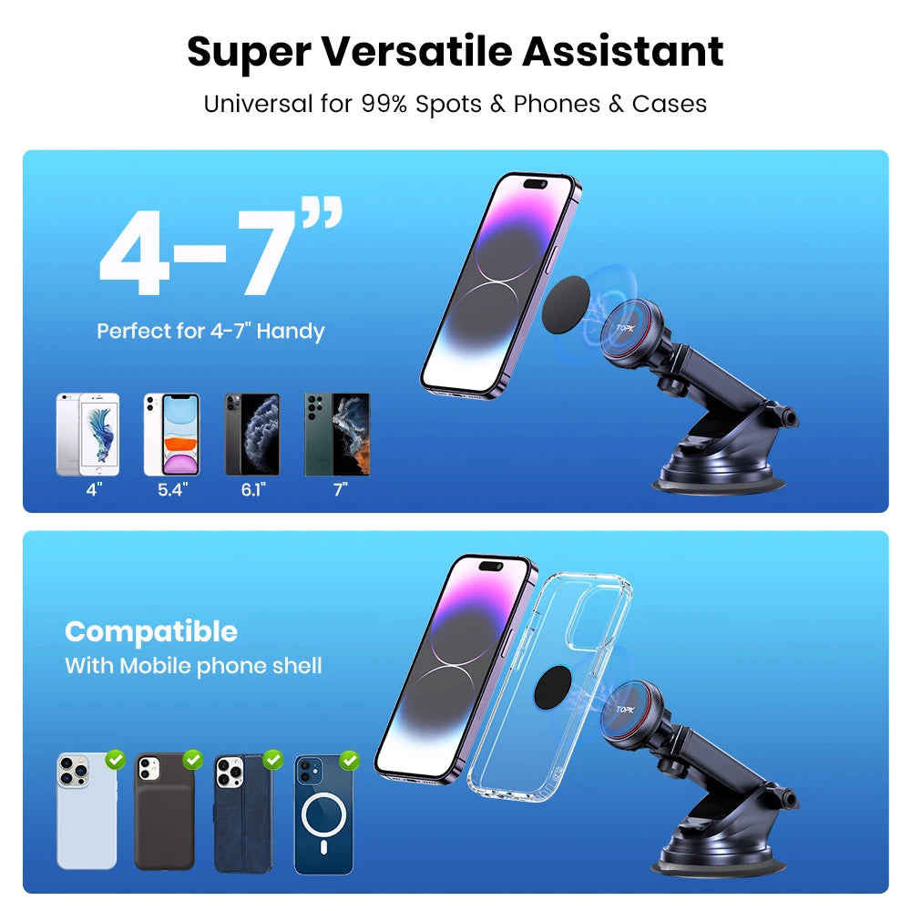 Magnetic Car Phone Mount - N52 Strong Magnet Dashboard Windshield Holder, Telescopic Arm Suction Cup, Universal Phone Stand for iPhone Android