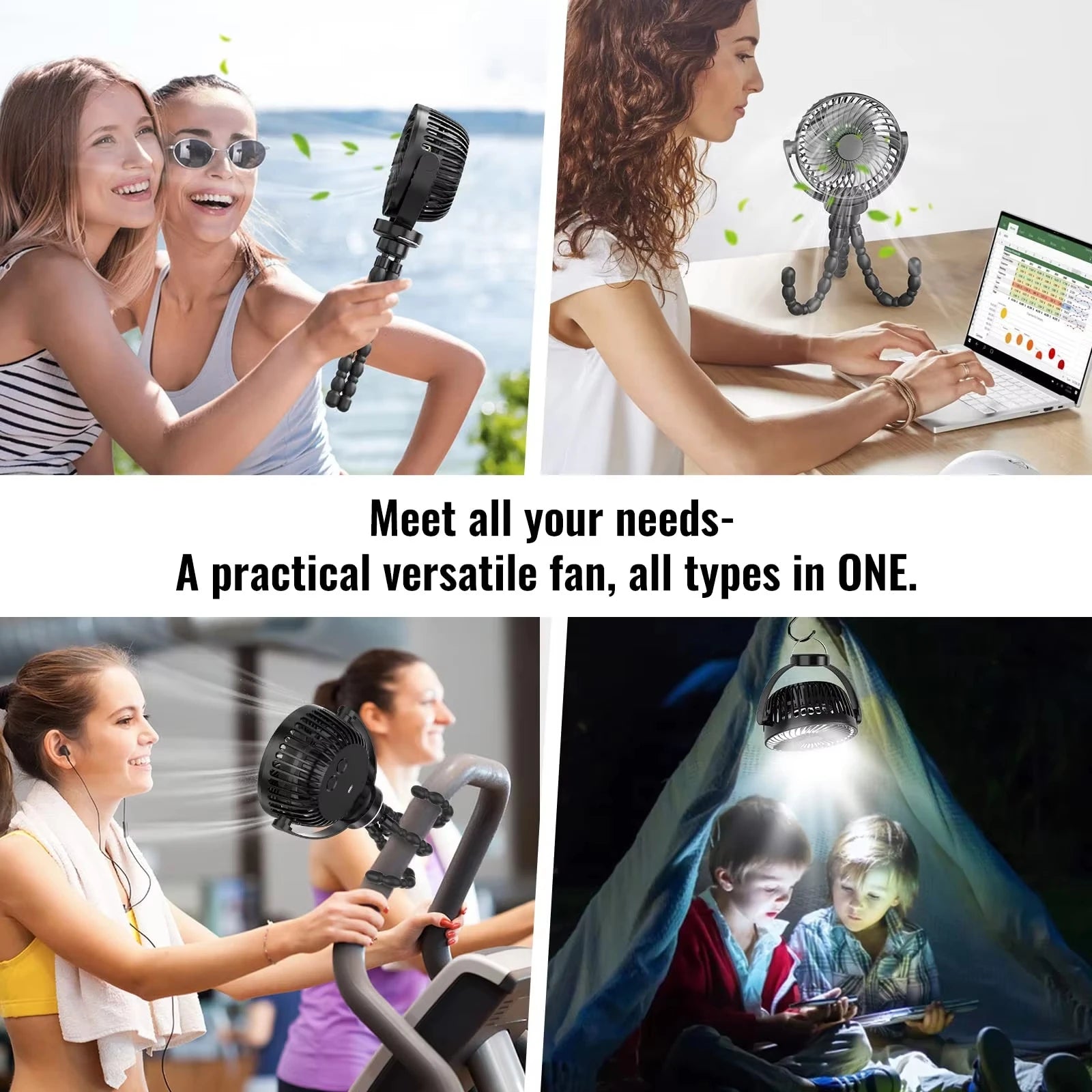 Portable Stroller Fan — USB Rechargeable, Flexible Tripod, Clip-On, Quiet, Safe for Babies
