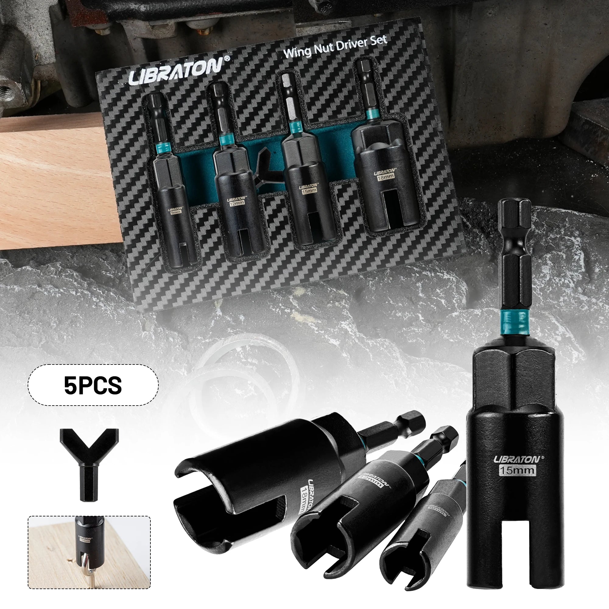 Wing Nut Driver — Magnetic, Impact Ready, 1/4" Hex Shank, Chrome Vanadium, 5-Piece, Power Tool Accessory