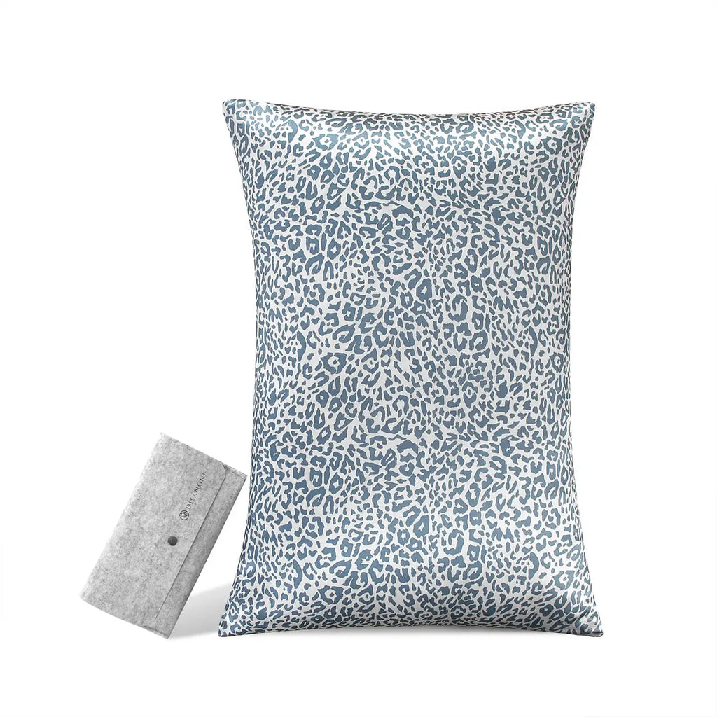 21 Momme Pure Mulberry Silk Pillowcase - Gray Leopard Print, Hidden Zipper, Queen / King Sizes, Hair & Skin Friendly