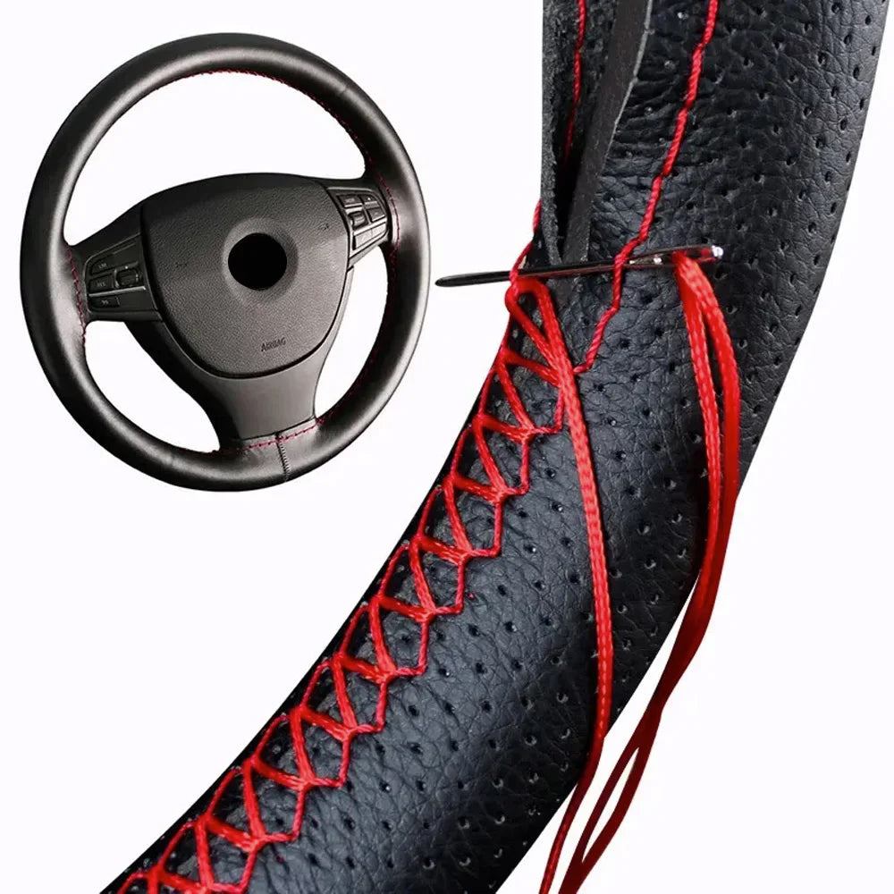 Hand-Stitched PU Leather Steering Wheel Cover - Custom-Fit DIY Kit with Needle & Thread, Non-Slip Grip (Fits 14.5-15.5")