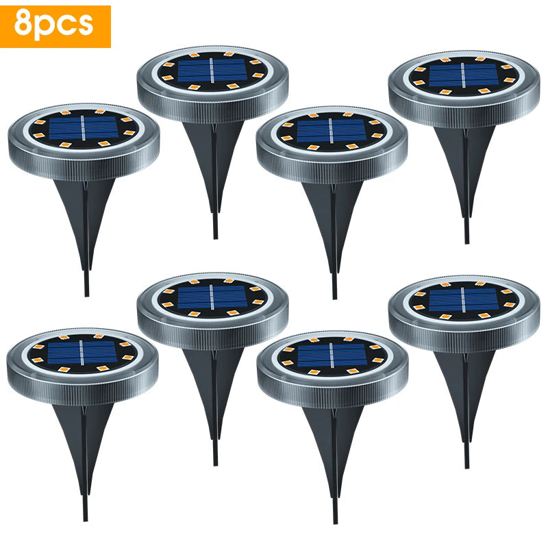 Solar Ground Disk Lights — 8 Pack, Bright, Waterproof, Outdoor, Garden, Pathway