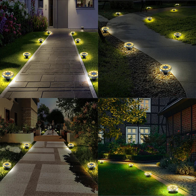 Solar Ground Disk Lights — 8 Pack, Bright, Waterproof, Outdoor, Garden, Pathway